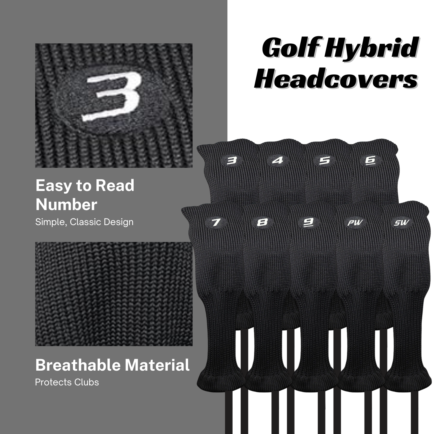 Majek All Hybrid Golf Club Black Sleek Tight Fit Headcover Set and Individual #3-SW Acrylic Head Covers