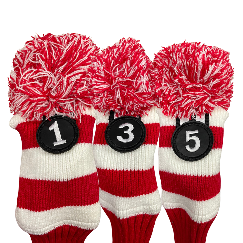 Majek Golf Club 1 3 5 White and Red Limited Edition Driver and Fairway Wood Head Covers Fits 460cc Drivers Tour Knit Retro Vintage Pom Classic Headcovers