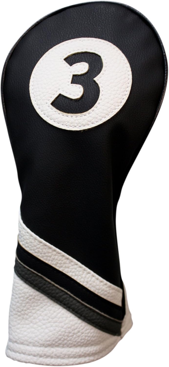 Majek Golf Headcovers Black and White Leather Style Driver Fairway Hybrid Head Covers Fits 460cc Drivers