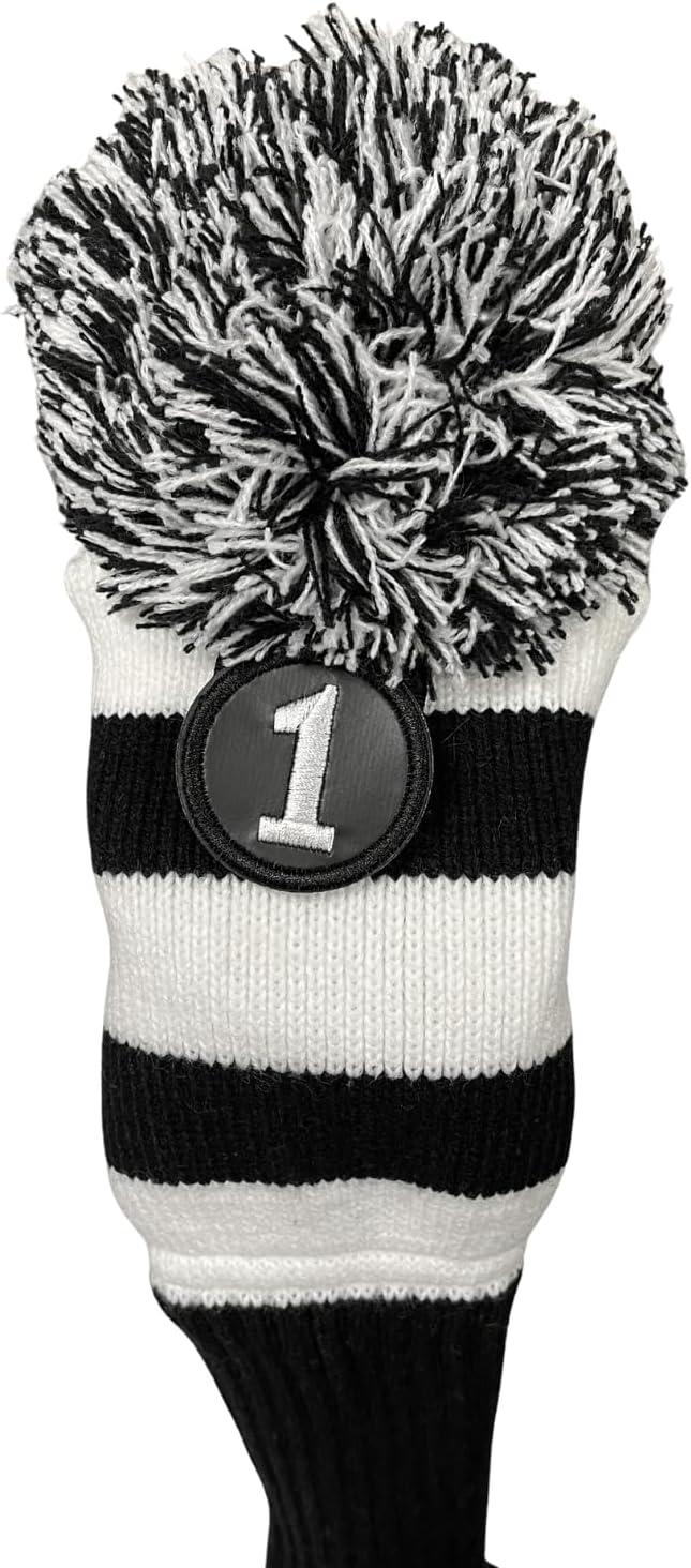 Majek Golf Club Fairway Wood Head Covers: Black & White Acrylic Knit Vintage Stripe Pom Pom