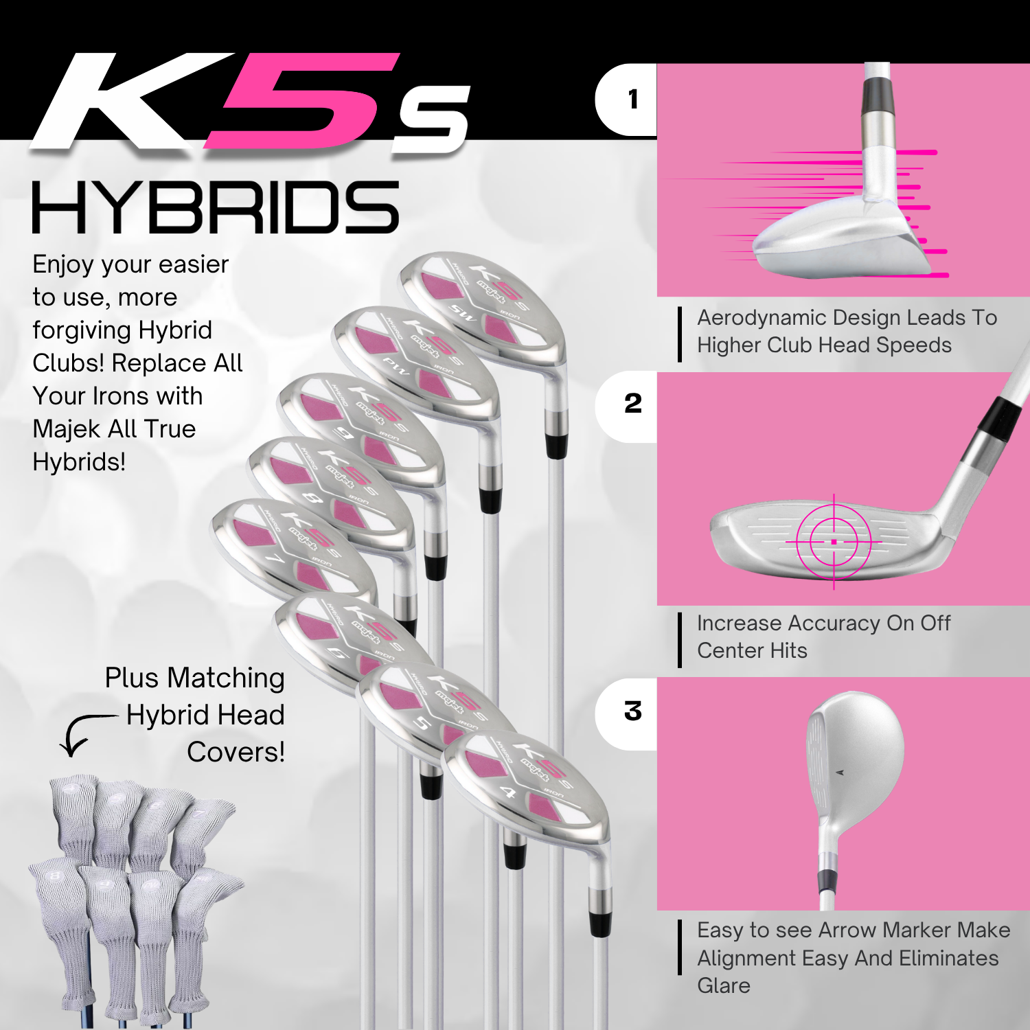 Majek K5s Pearl Ladies Golf Hybrids Irons Set Womens All True Hybrid Ultra Light Weight Forgiving Includes 4-SW