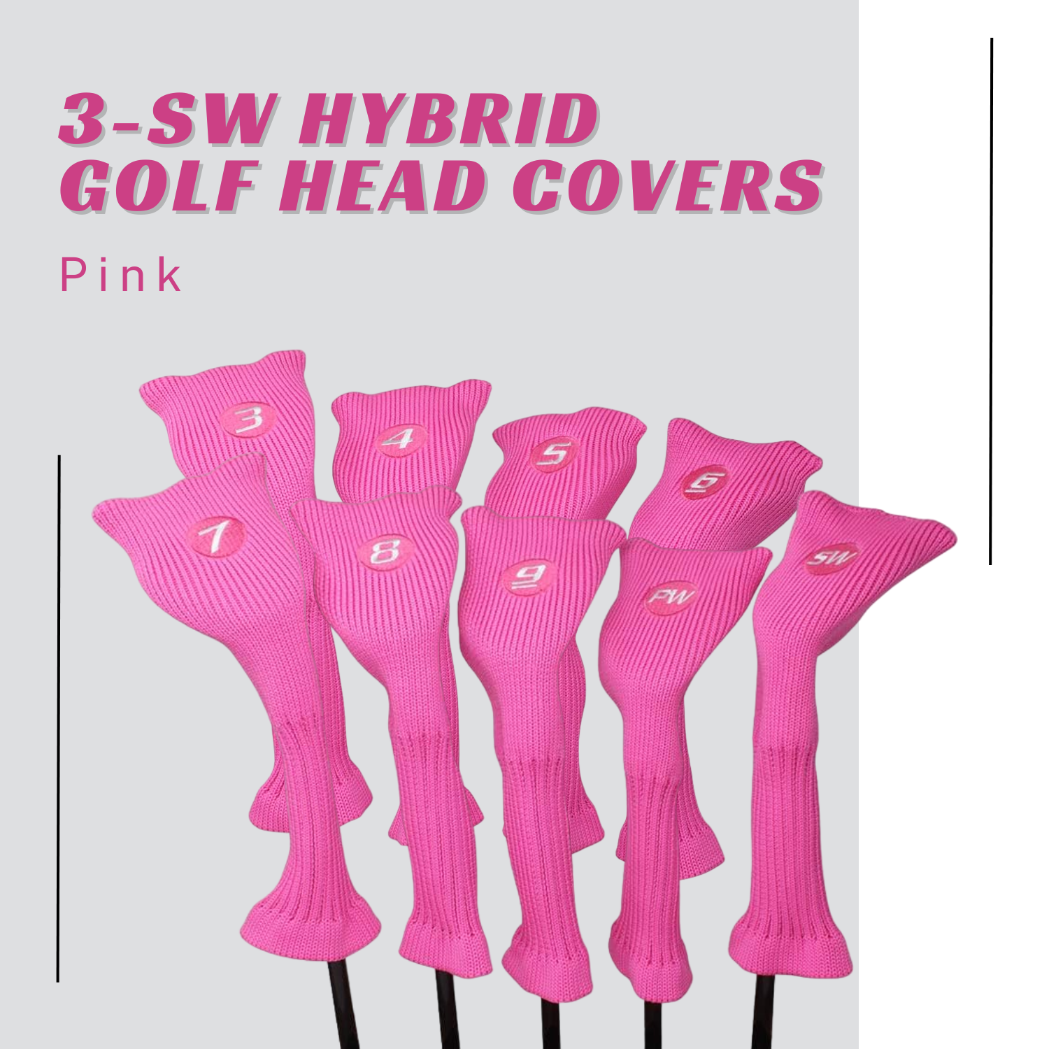 Majek All Hybrid Golf Club Pink Headcover Set 3-SW. Neoprene Acrylic Head Covers