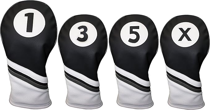 Majek Golf Headcovers Black and White Leather Style Driver Fairway Hybrid Head Covers Fits 460cc Drivers