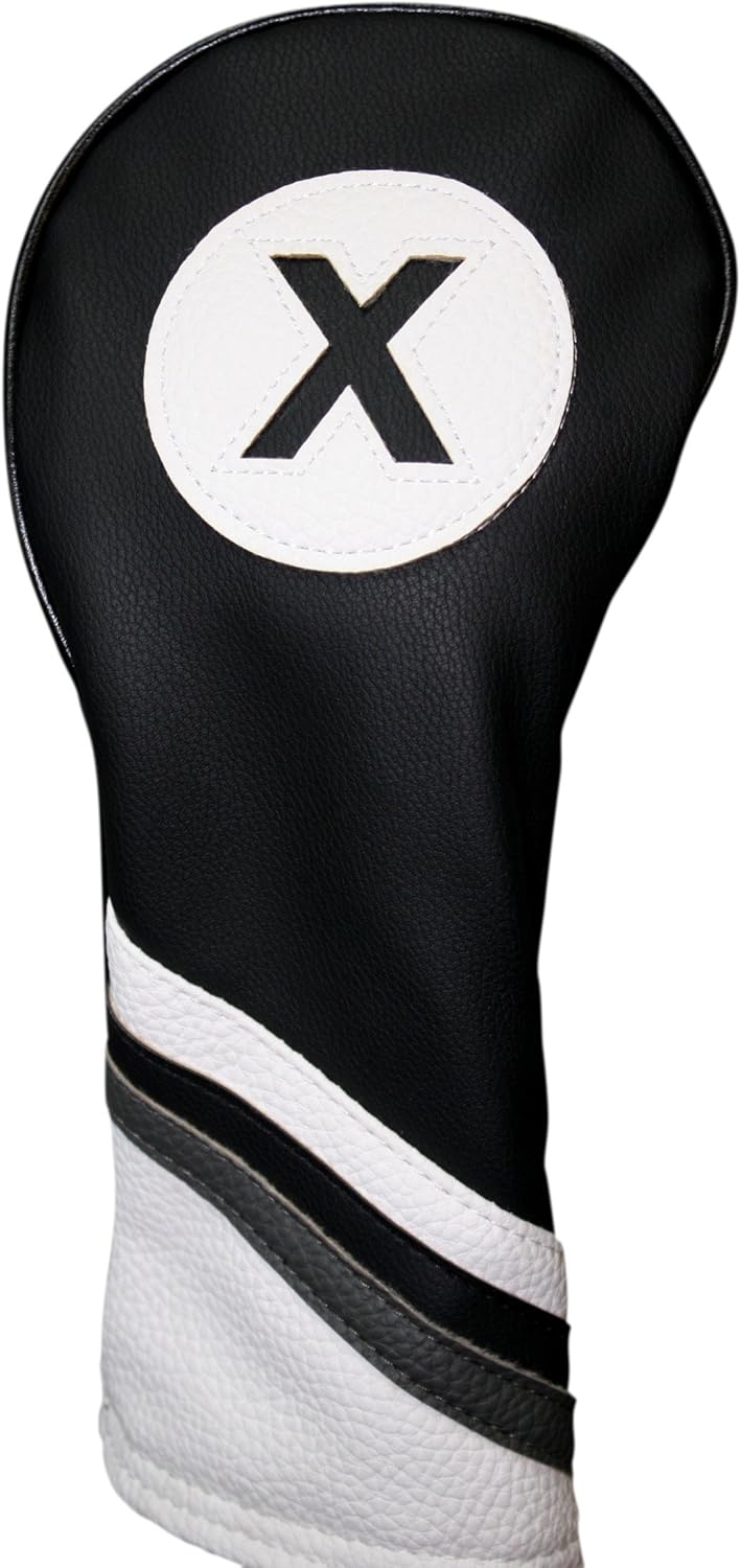Majek Golf Headcovers Black and White Leather Style Driver Fairway Hybrid Head Covers Fits 460cc Drivers