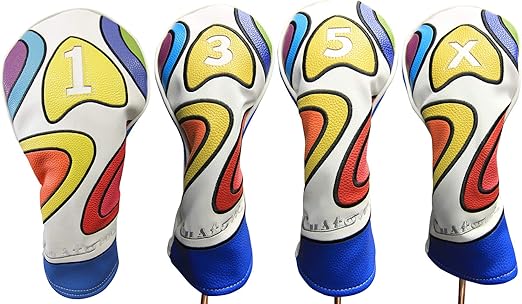 Majek Retro Golf Headcover Limited Edition Vintage Leather Style Psychedelic Colorful Groovy Custom Design #1 3 5 X H Driver Fairway Woods and Hybrid Head Cover