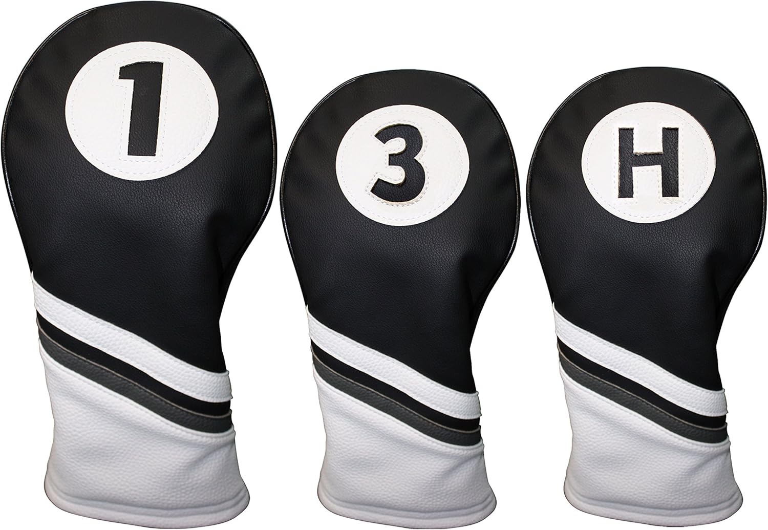 Majek Golf Headcovers Black and White Leather Style Driver Fairway Hybrid Head Covers Fits 460cc Drivers