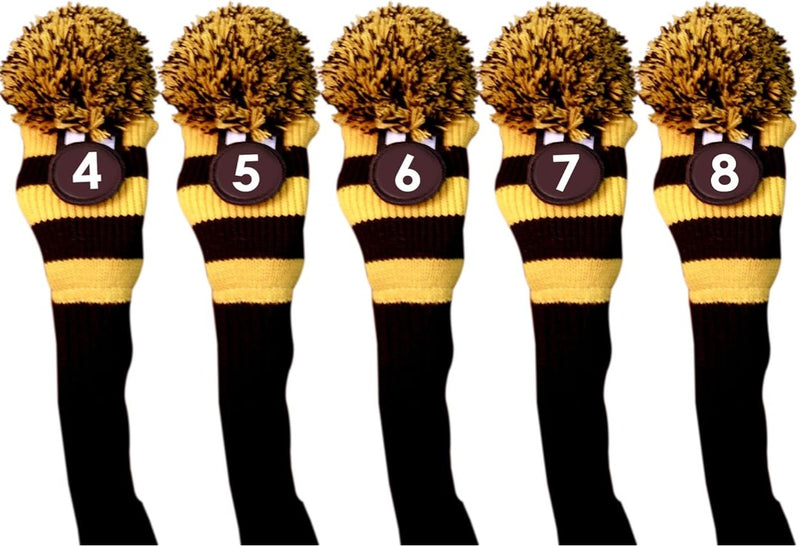 Majek #4,5,6,7,8 Hybrid Combo Pack Rescue Utility Black & Yellow Golf Headcover Knit Pom Pom