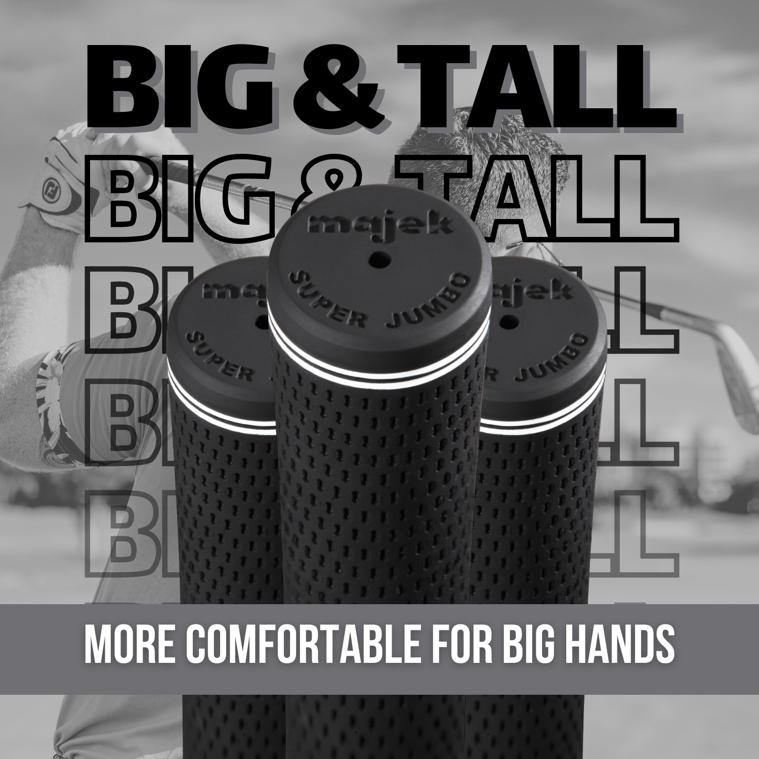 Grip Kit: Tape + Clamp Majek Golf Club Grips Super Jumbo Extra Large Tour 360 Degree Black - NO LOGO - Round .600 Extra Large XL XXL Great for Tall Golfers with Big Hands - Premium Rubber Golf Grips -High Traction