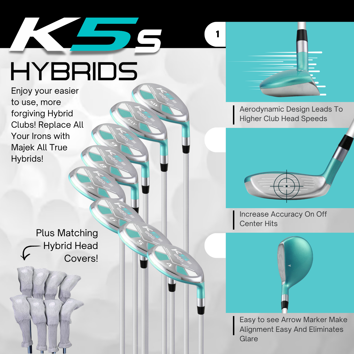Majek K5s Teal Ladies Golf Hybrids Irons Set Womens All True Hybrid Ultra Light Weight Forgiving Includes 4-SW