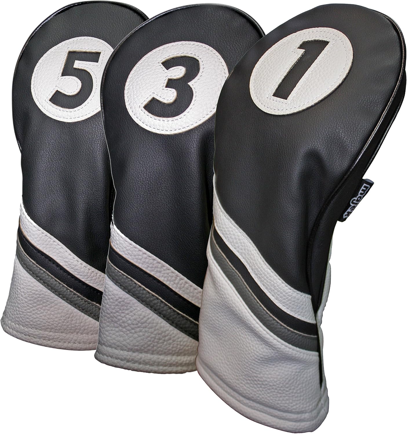 Majek Golf Headcovers Black and White Leather Style Driver Fairway Hybrid Head Covers Fits 460cc Drivers
