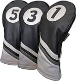 Majek Golf Headcovers Black and White Leather Style Driver Fairway Hybrid Head Covers Fits 460cc Drivers