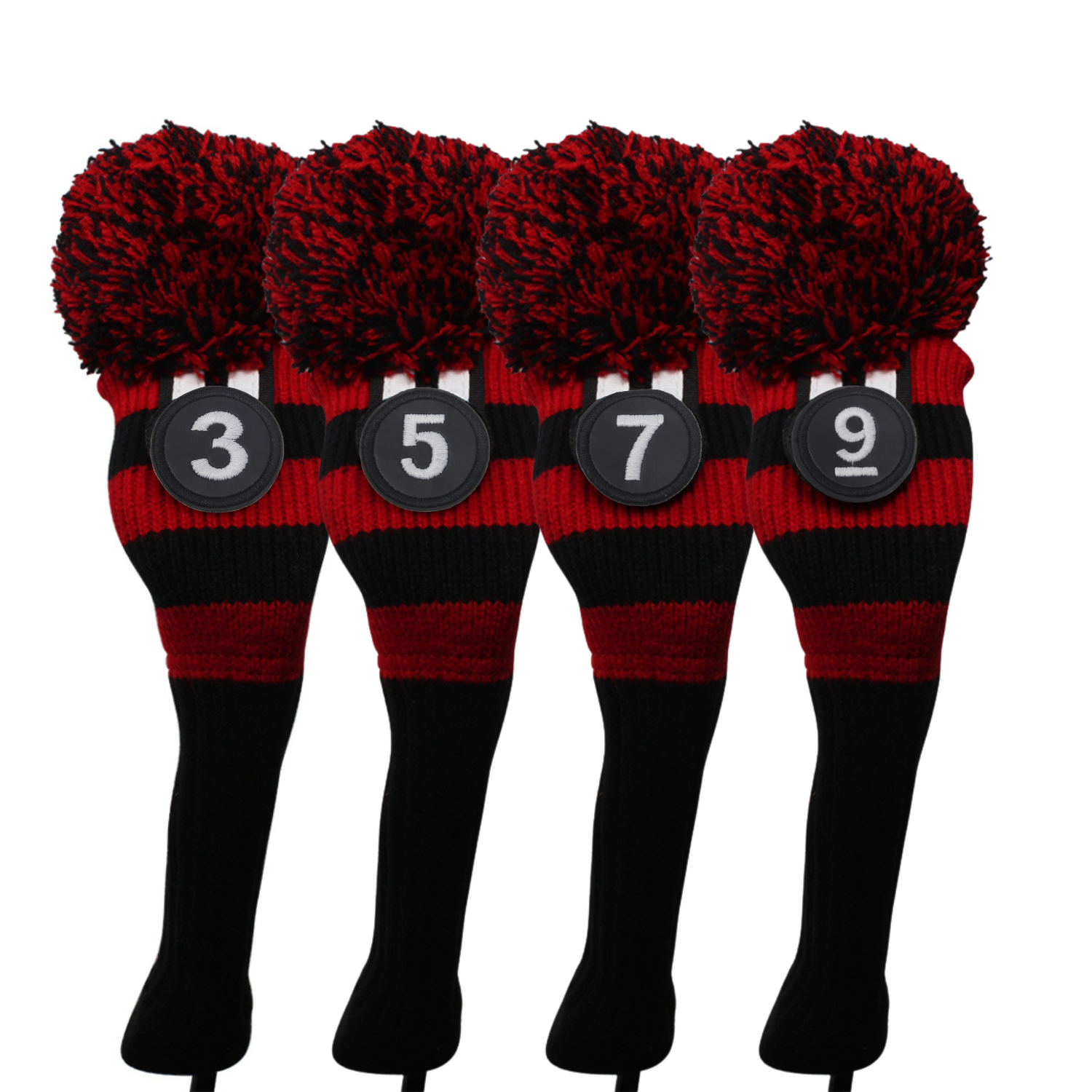 Majek Golf Club Fairway Wood FW Head Covers: Black and Red (Black Neck) Acrylic Knit Retro Pom Pom