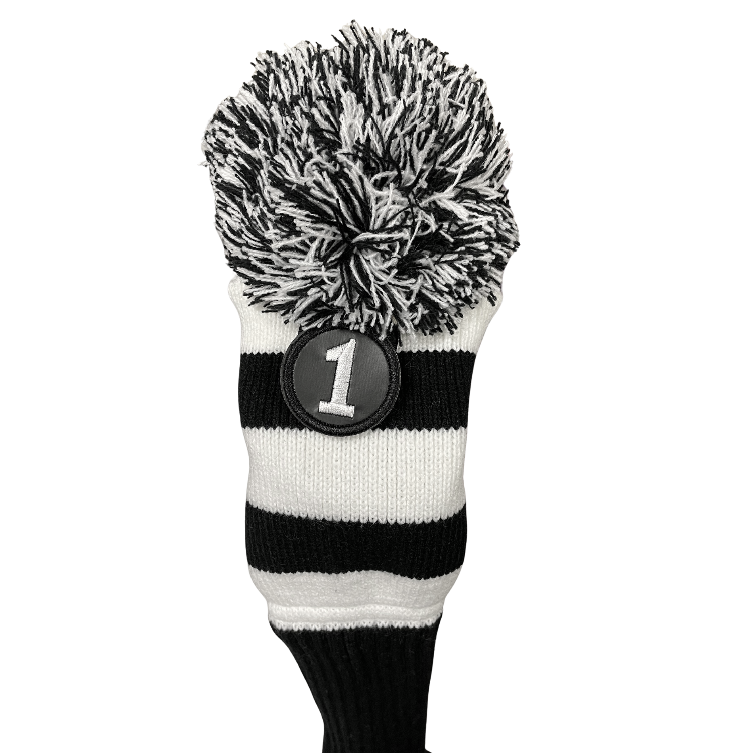 Majek Golf Club Head Covers: Black & White Acrylic Knit Vintage Stripe Pom Pom
