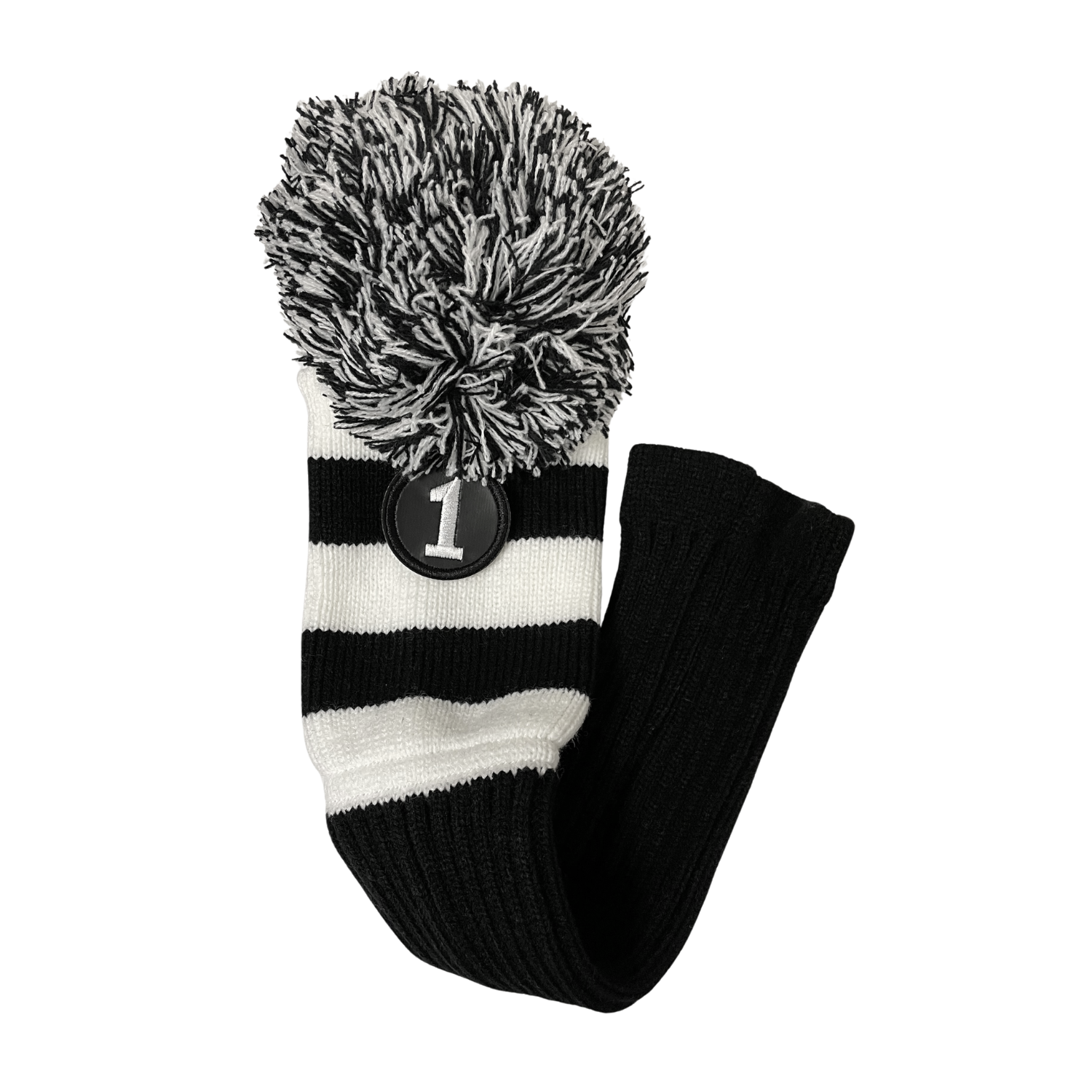 Majek Golf Club Head Covers: Black & White Acrylic Knit Vintage Stripe Pom Pom