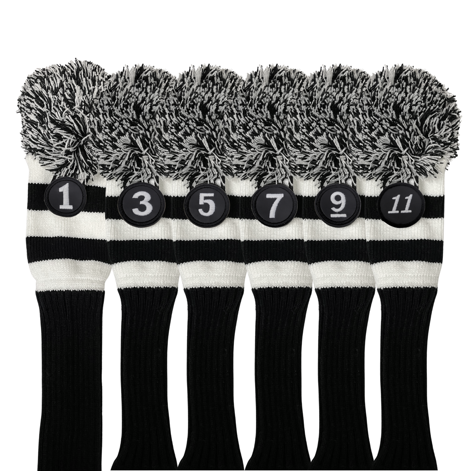 Majek Golf Club Head Covers: Black & White Acrylic Knit Vintage Stripe Pom Pom