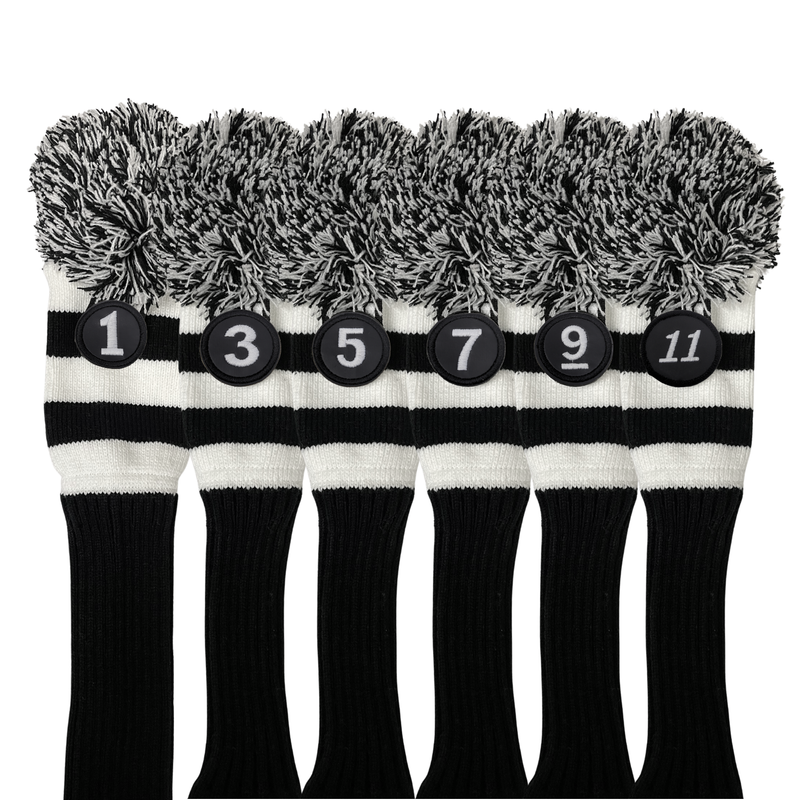 Majek Golf Club Head Covers: Black & White Acrylic Knit Vintage Stripe Pom Pom