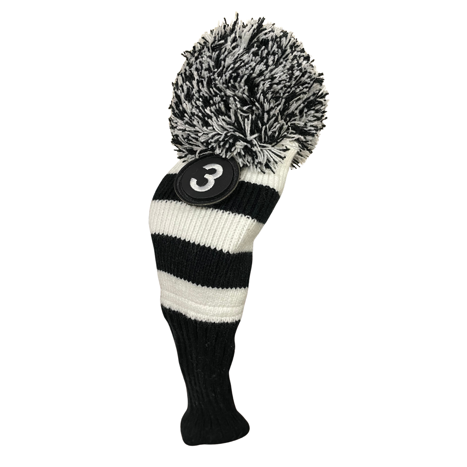 Majek Golf Club Head Covers: Black & White Acrylic Knit Vintage Stripe Pom Pom