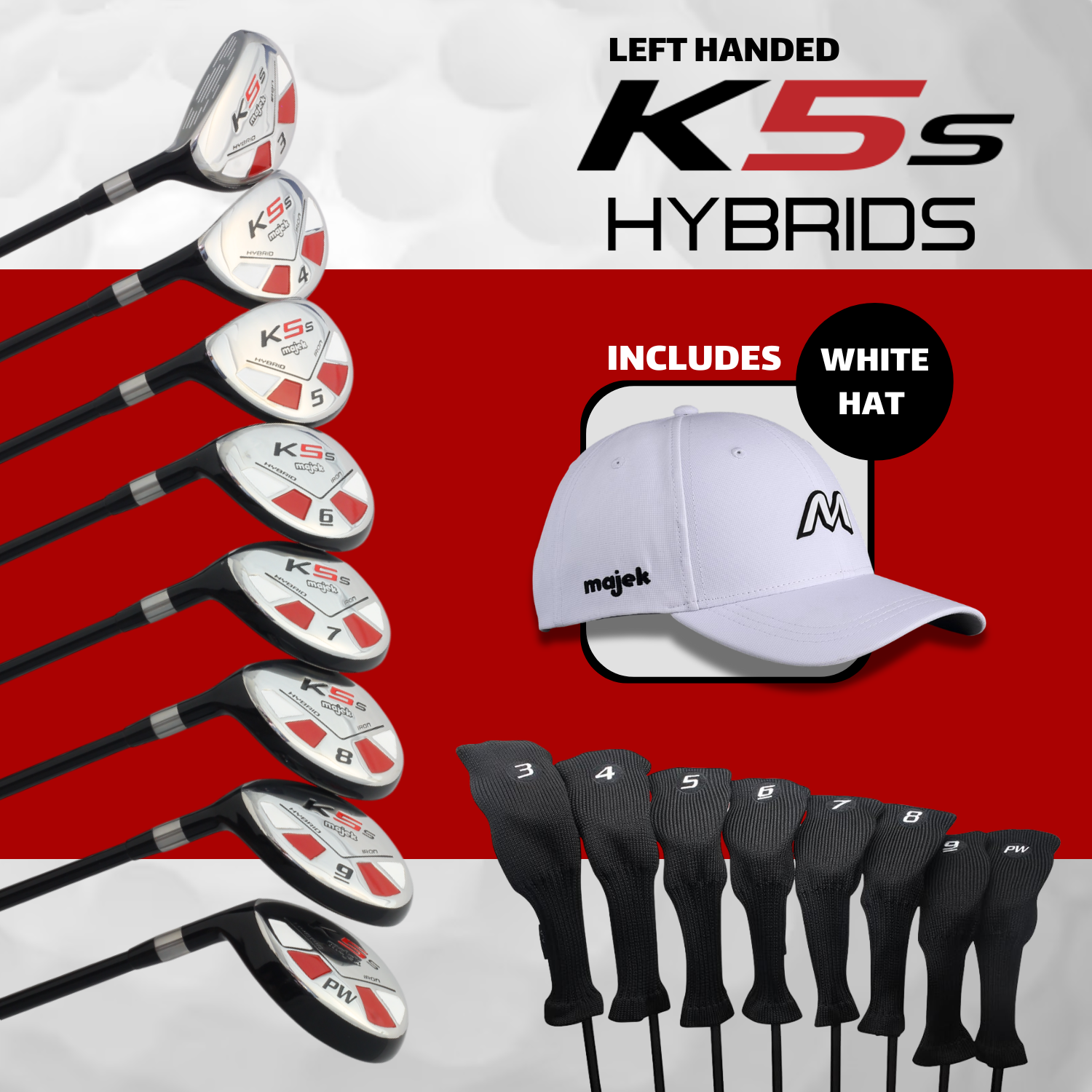 Majek Golf K5 Senior Lady All True Hybrid LEFT HANDED Clubs Complete Full Hybrid Set Includes #3,4,5,6,7,8,9,PW + Headcover Set & Majek Golf Hat