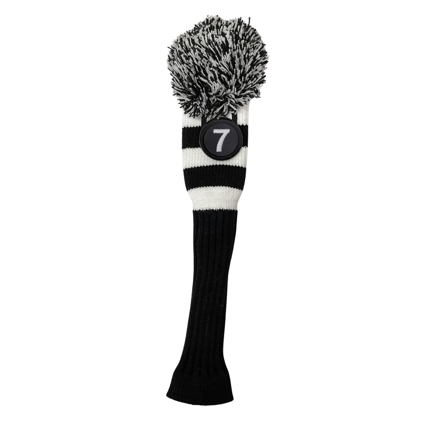 Majek Golf Club Hybrid Head Covers: Black & White Acrylic Knit Vintage Stripe Pom Pom