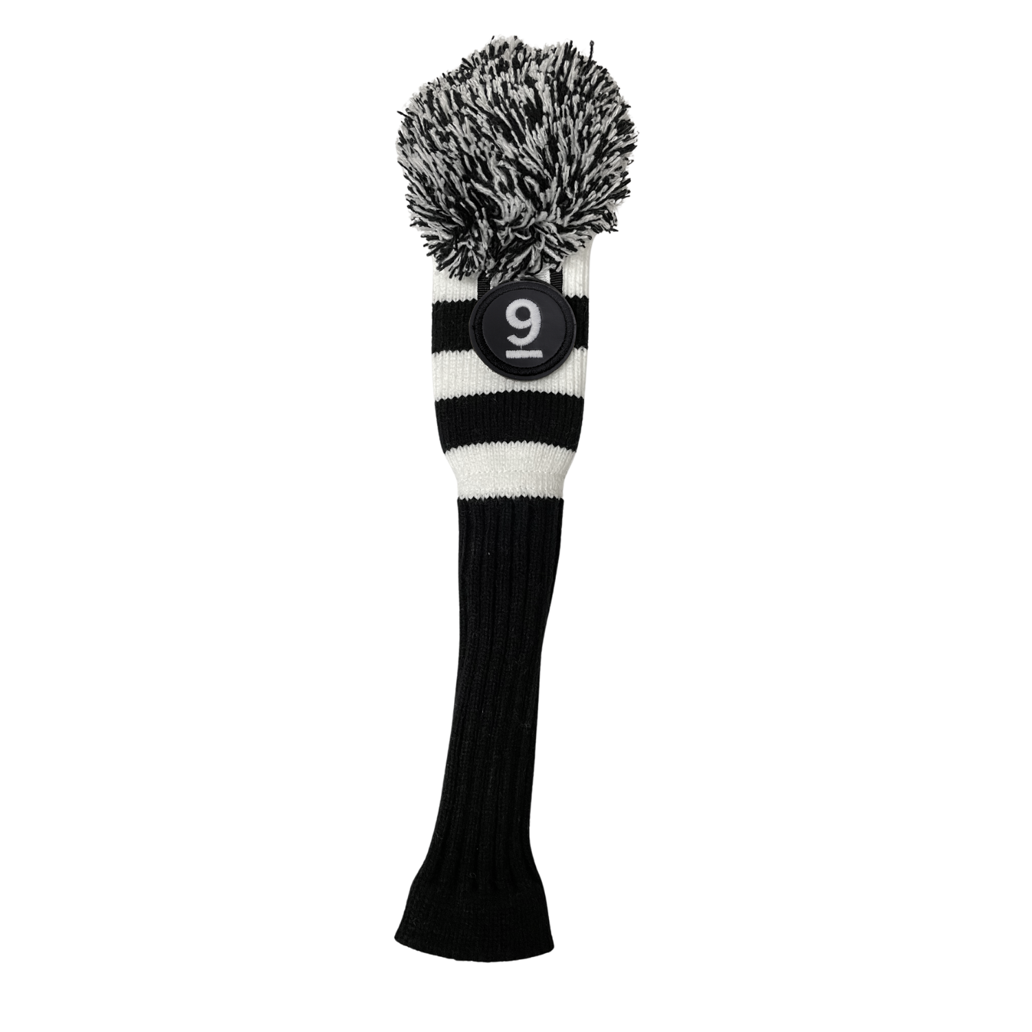 Majek Golf Club Hybrid Head Covers: Black & White Acrylic Knit Vintage Stripe Pom Pom