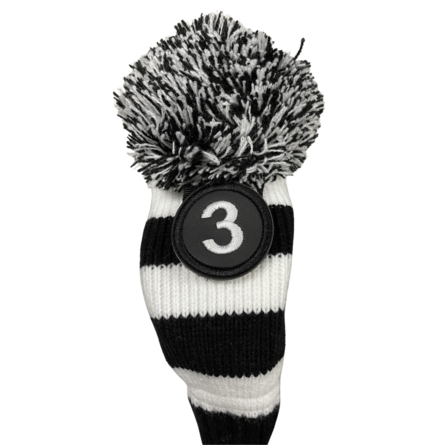 Majek Golf Club Hybrid Head Covers: Black & White Acrylic Knit Vintage Stripe Pom Pom