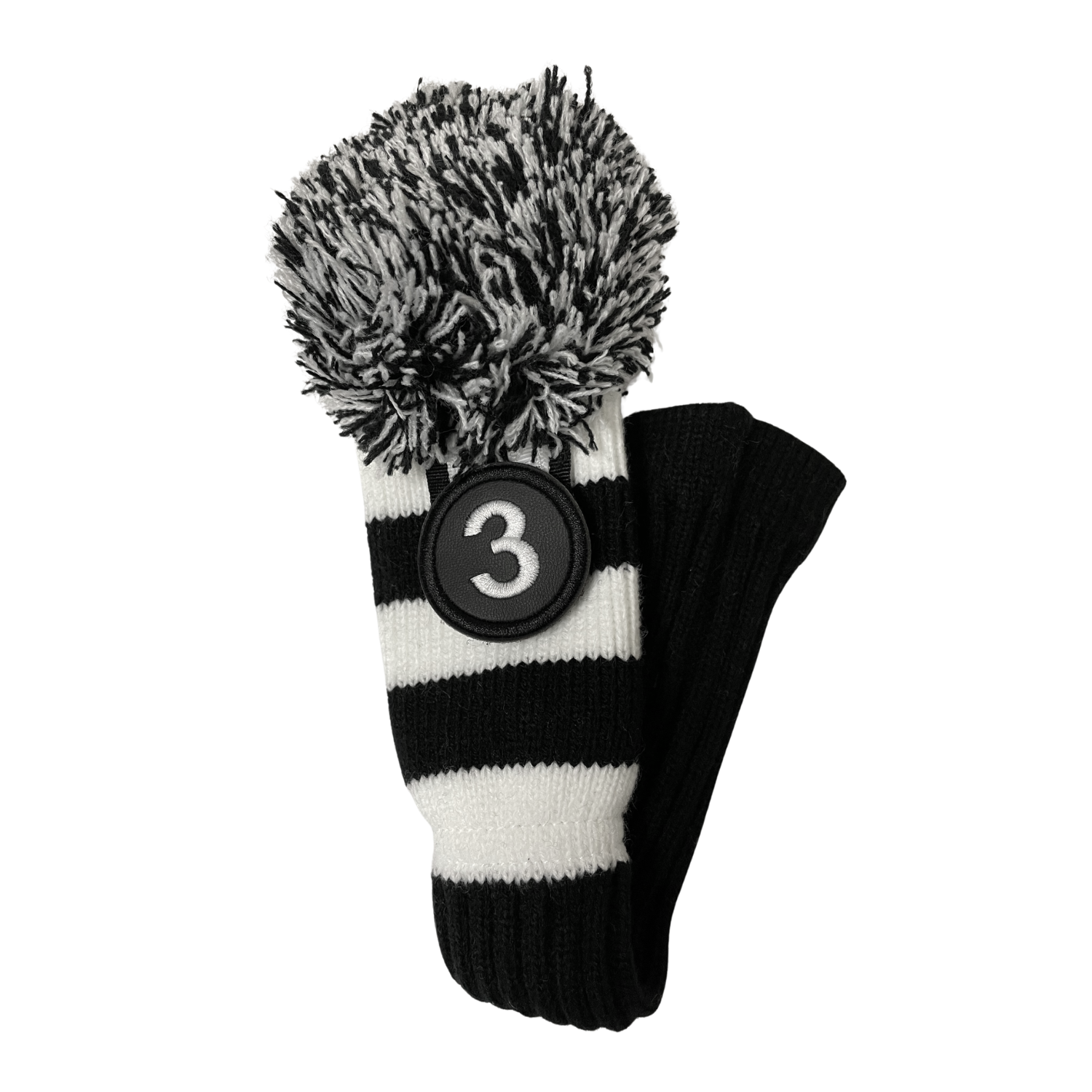 Majek Golf Club Hybrid Head Covers: Black & White Acrylic Knit Vintage Stripe Pom Pom