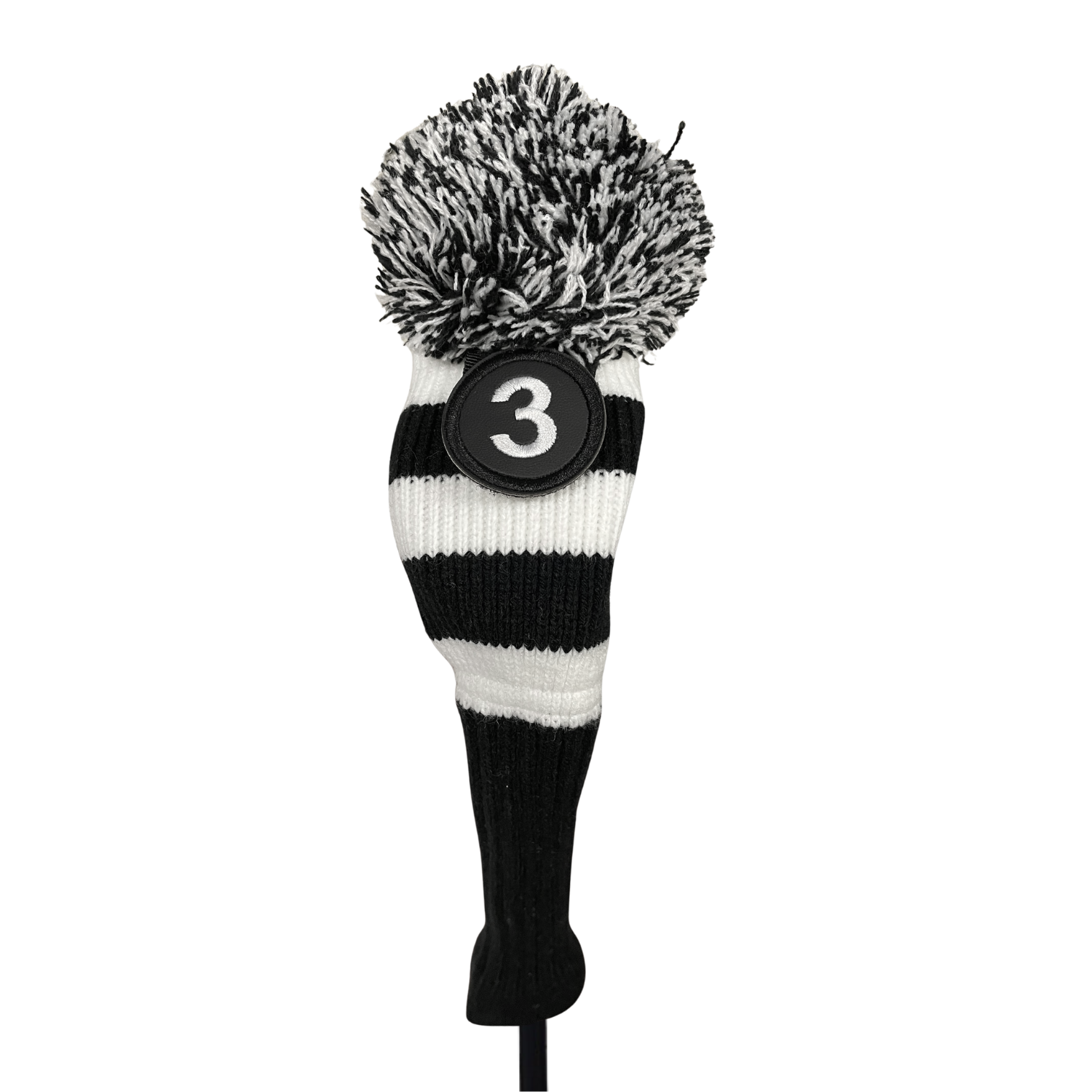 Majek Golf Club Hybrid Head Covers: Black & White Acrylic Knit Vintage Stripe Pom Pom