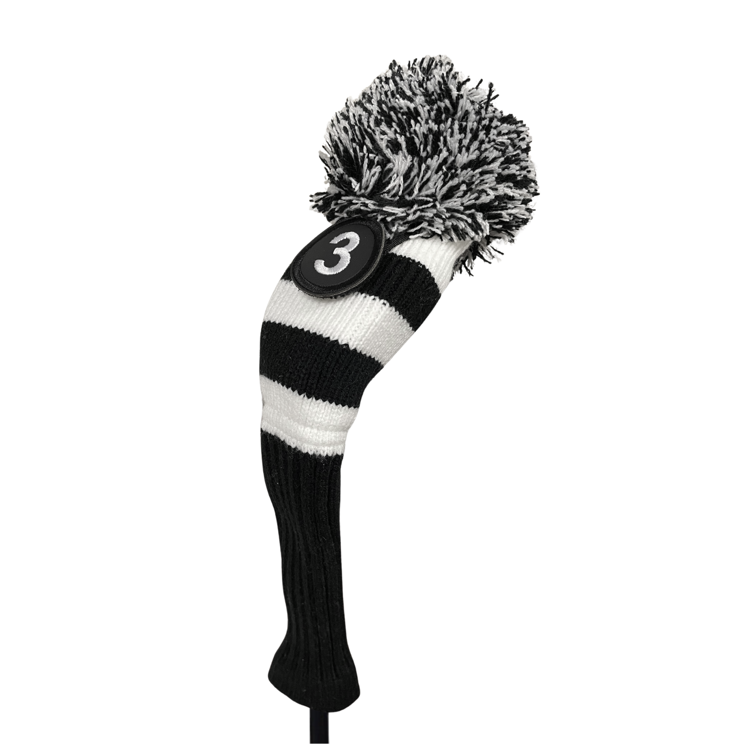 Majek Golf Club Hybrid Head Covers: Black & White Acrylic Knit Vintage Stripe Pom Pom