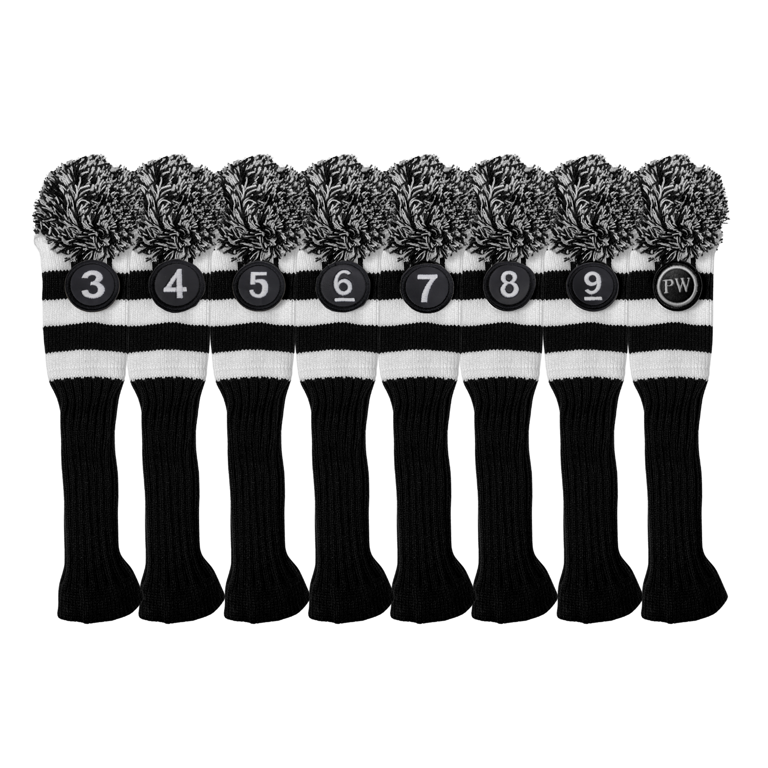 Majek Golf Club Hybrid Head Covers: Black & White Acrylic Knit Vintage Stripe Pom Pom