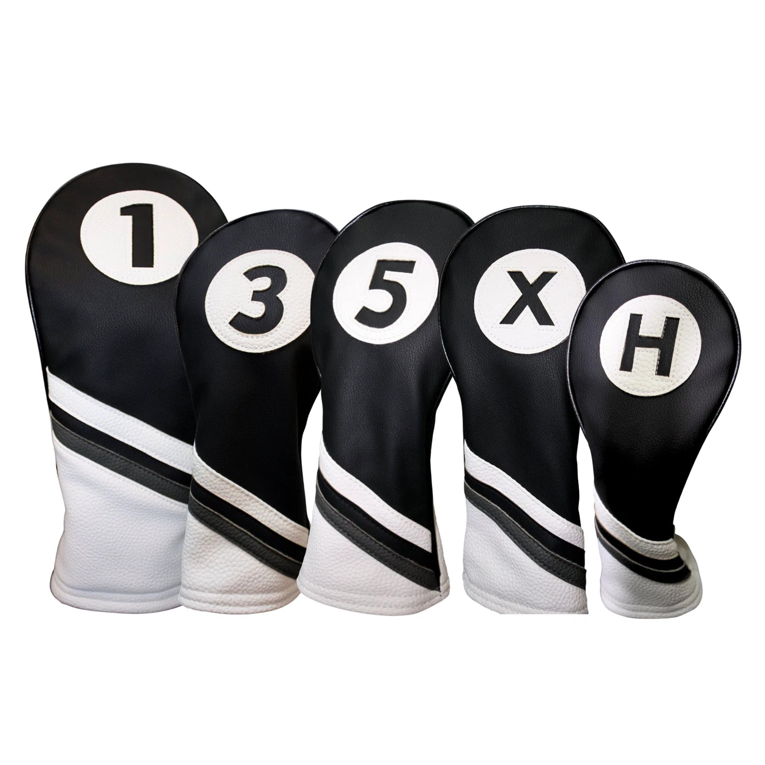 Majek Golf Headcovers Black and White Leather Style Driver Fairway Hybrid Head Covers Fits 460cc Drivers