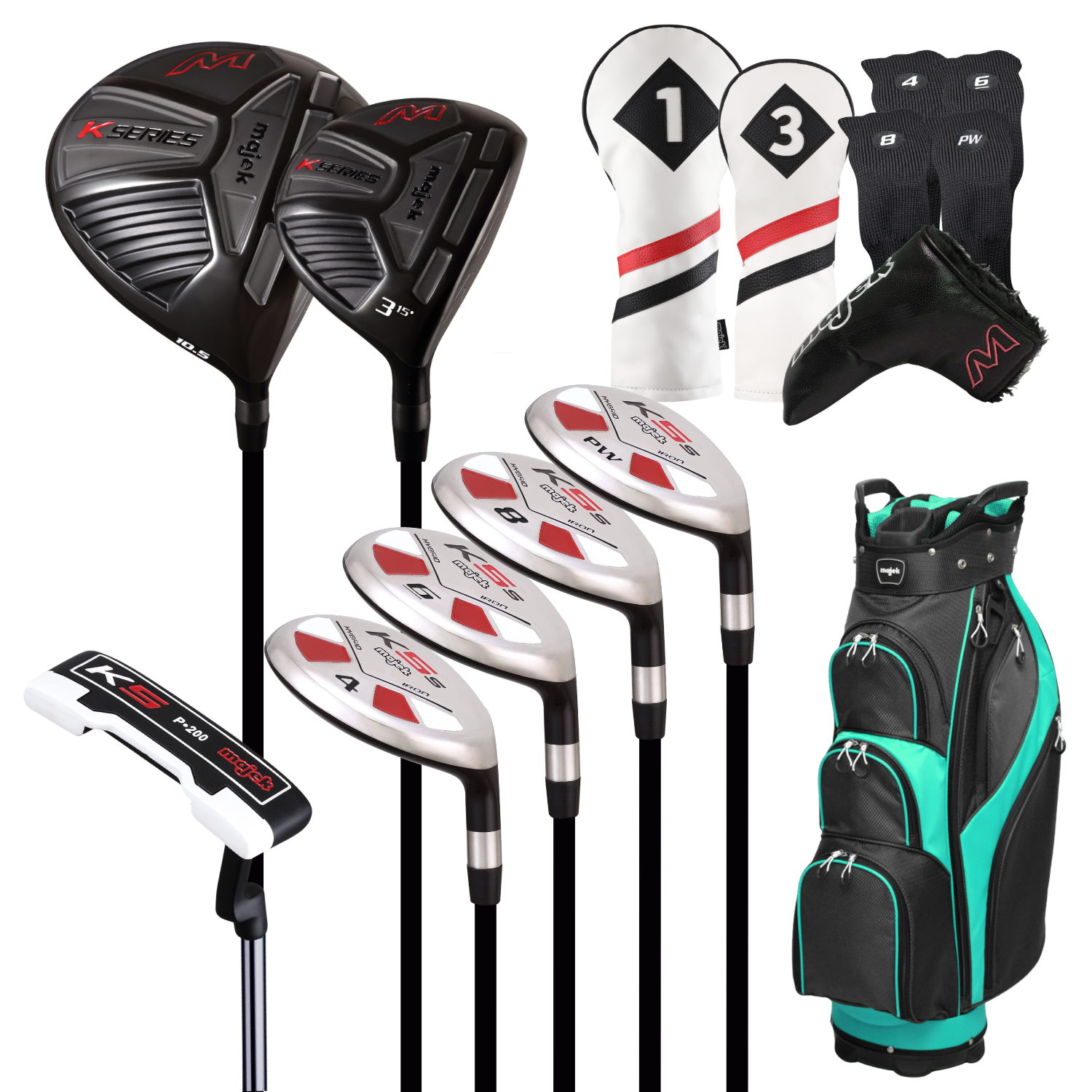 Majek Lady Standard Golf Package: 10.5 Driver + #3 Wood + 4,6,8,PW Hybrid Set + P-200 Blade Putter with Headcovers and Golf Bag