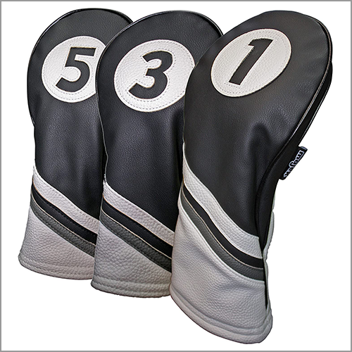 Majek Golf Headcovers Black and White Leather Style 1, 3, 5 Driver and Fairway Head Covers Fits 460cc Drivers