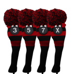Majek Golf Club Fairway Wood FW Head Covers: Black and Red (Black Neck) Acrylic Knit Retro Pom Pom