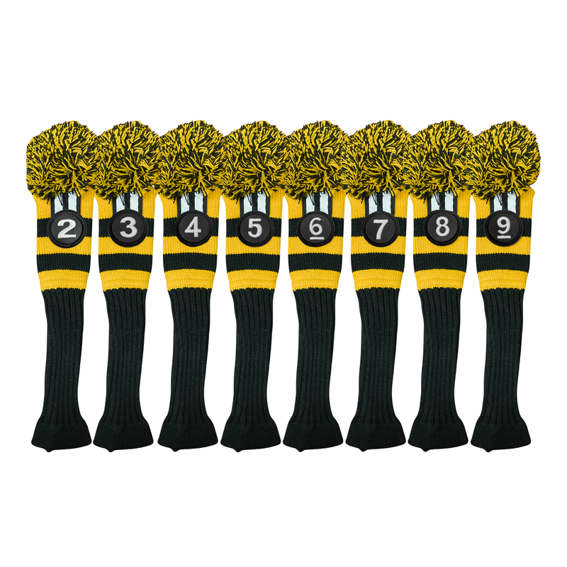 Majek Golf Club Head Covers: Black and Yellow Acrylic Knit Retro Pom Pom