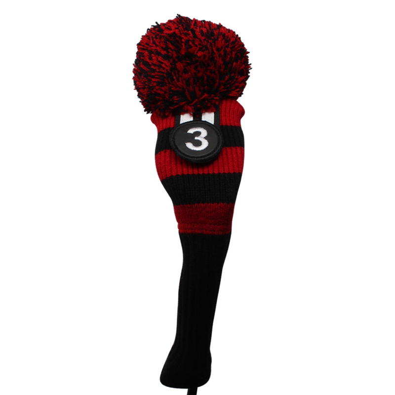 Majek Golf Club Fairway Wood FW Head Covers: Black and Red (Black Neck) Acrylic Knit Retro Pom Pom