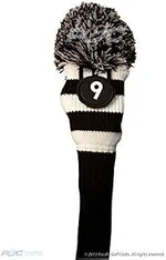 Majek Golf Club Fairway Wood Head Covers: Black & White Acrylic Knit Vintage Stripe Pom Pom