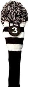 Majek Golf Club Fairway Wood Head Covers: Black & White Acrylic Knit Vintage Stripe Pom Pom