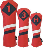 Majek Retro Golf Headcovers Red with White and Blue Stripe Vintage Leather Style 1 3 5 X H Driver Fairway and Hybrid Head Covers Fits 460cc Drivers Classic Look