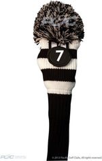 Majek Golf Club Fairway Wood Head Covers: Black & White Acrylic Knit Vintage Stripe Pom Pom