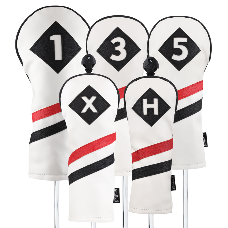 Majek Retro Golf Headcovers White Red and Black Vintage Leather Style 1 3 5 X H Driver Fairway and Hybrid Head Covers Fits 460cc Drivers Classic Look