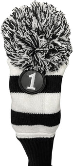 Majek Golf Club Fairway Wood Head Covers: Black & White Acrylic Knit Vintage Stripe Pom Pom