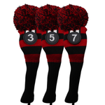 Majek Golf Club Fairway Wood FW Head Covers: Black and Red (Black Neck) Acrylic Knit Retro Pom Pom
