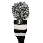 Majek Golf Club Head Covers: Black & White Acrylic Knit Vintage Stripe Pom Pom