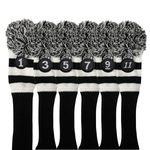 Majek Golf Club Head Covers: Black & White Acrylic Knit Vintage Stripe Pom Pom