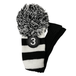 Majek Golf Club Head Covers: Black & White Acrylic Knit Vintage Stripe Pom Pom
