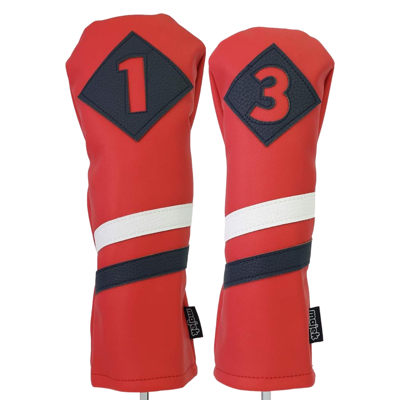 Majek Retro Golf Headcovers Red with White and Blue Stripe Vintage Leather Style 1 3 5 X H Driver Fairway and Hybrid Head Covers Fits 460cc Drivers Classic Look