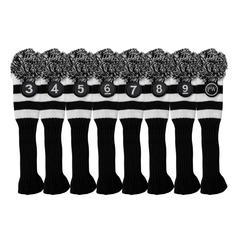 Majek Golf Club Hybrid Head Covers: Black & White Acrylic Knit Vintage Stripe Pom Pom