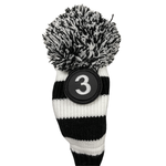 Majek Golf Club Hybrid Head Covers: Black & White Acrylic Knit Vintage Stripe Pom Pom