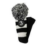 Majek Golf Club Hybrid Head Covers: Black & White Acrylic Knit Vintage Stripe Pom Pom