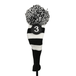 Majek Golf Club Hybrid Head Covers: Black & White Acrylic Knit Vintage Stripe Pom Pom